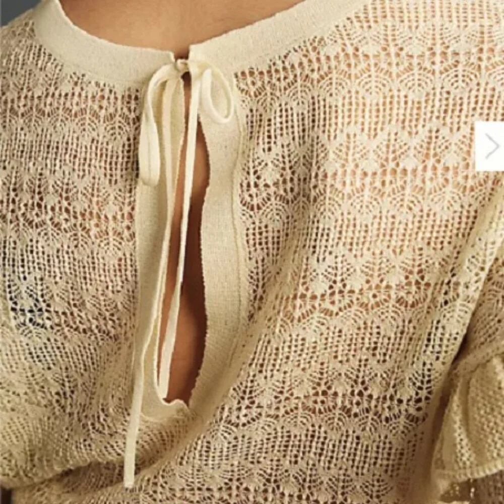 NWT Anthropologie Cream Sheer Open-Stitch Ruffle Summer Pullover Size XXS